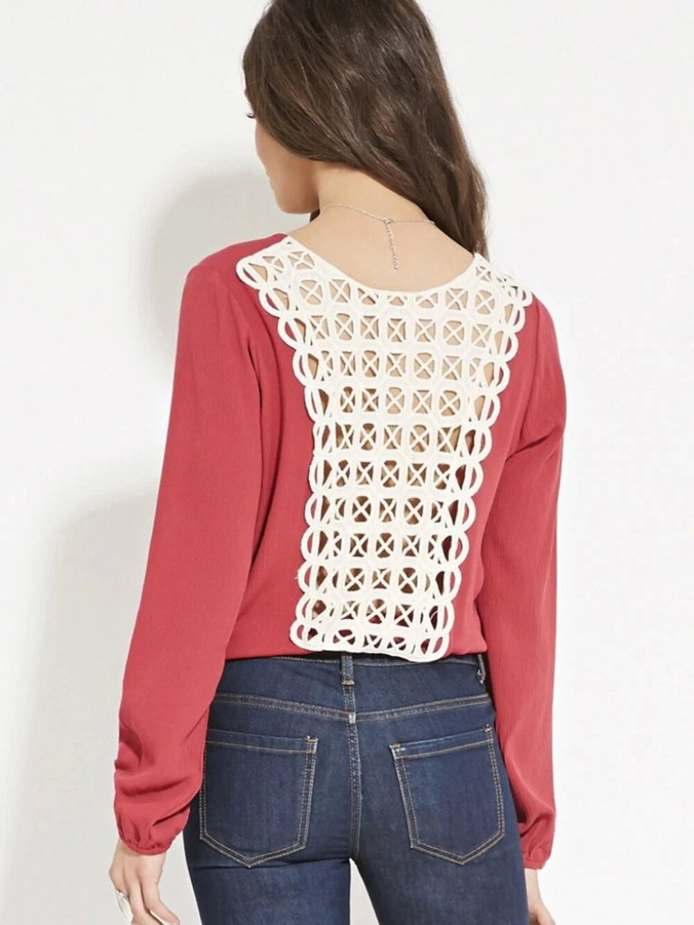 Forever 21 Red Crinkled Crochet-Back Top Small S